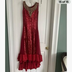 Designer ALEEZ brand deep red all over sequins over coat Shalwar Kameez